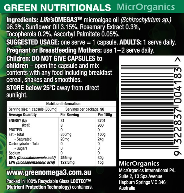 Green Omega3 Vegan Capsules 255mg + 127mg 30 Caps